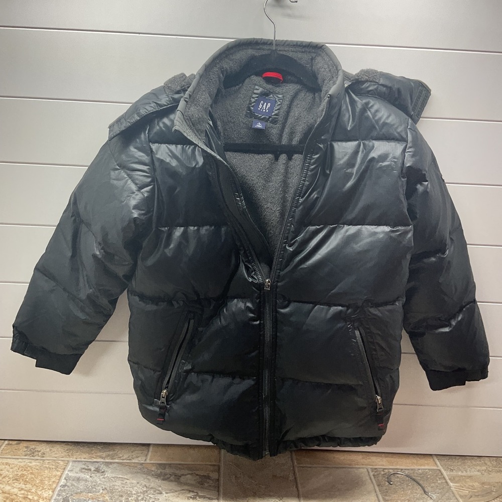 Gap Kids Boys Black Puffer Jacket Fleece Lined Hooded Winter Coat Size L 10